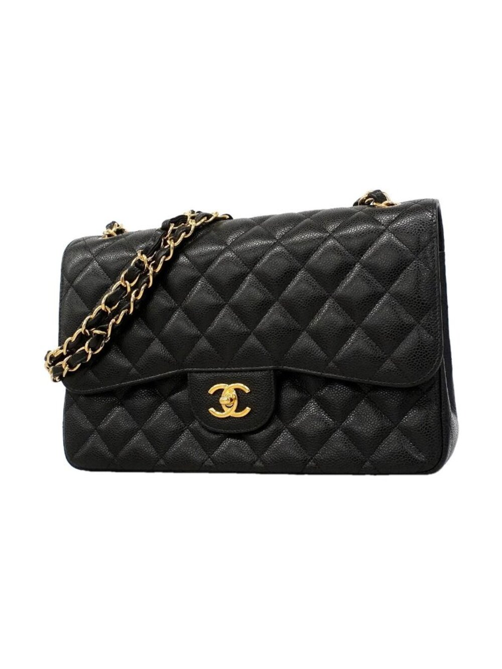 Chanel Shoulder Bag Maxi Quilted Caviar Leather Black Gold